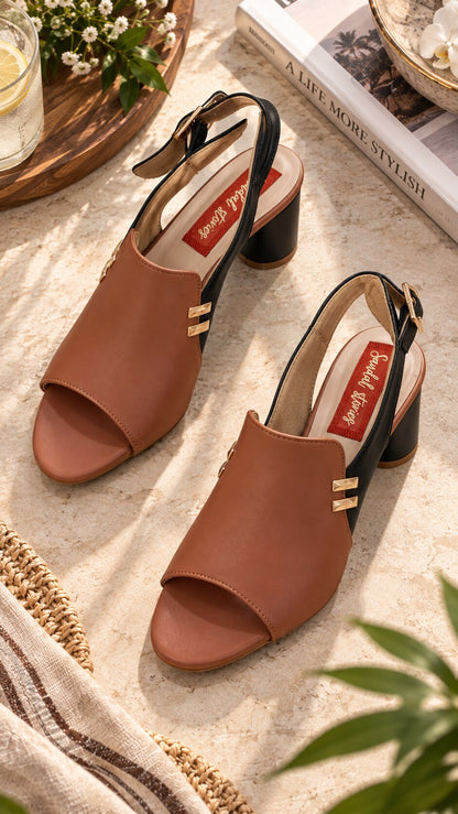 Luxe Contrast Slingback Block Heels - Black & Tan | 3.5 Inches