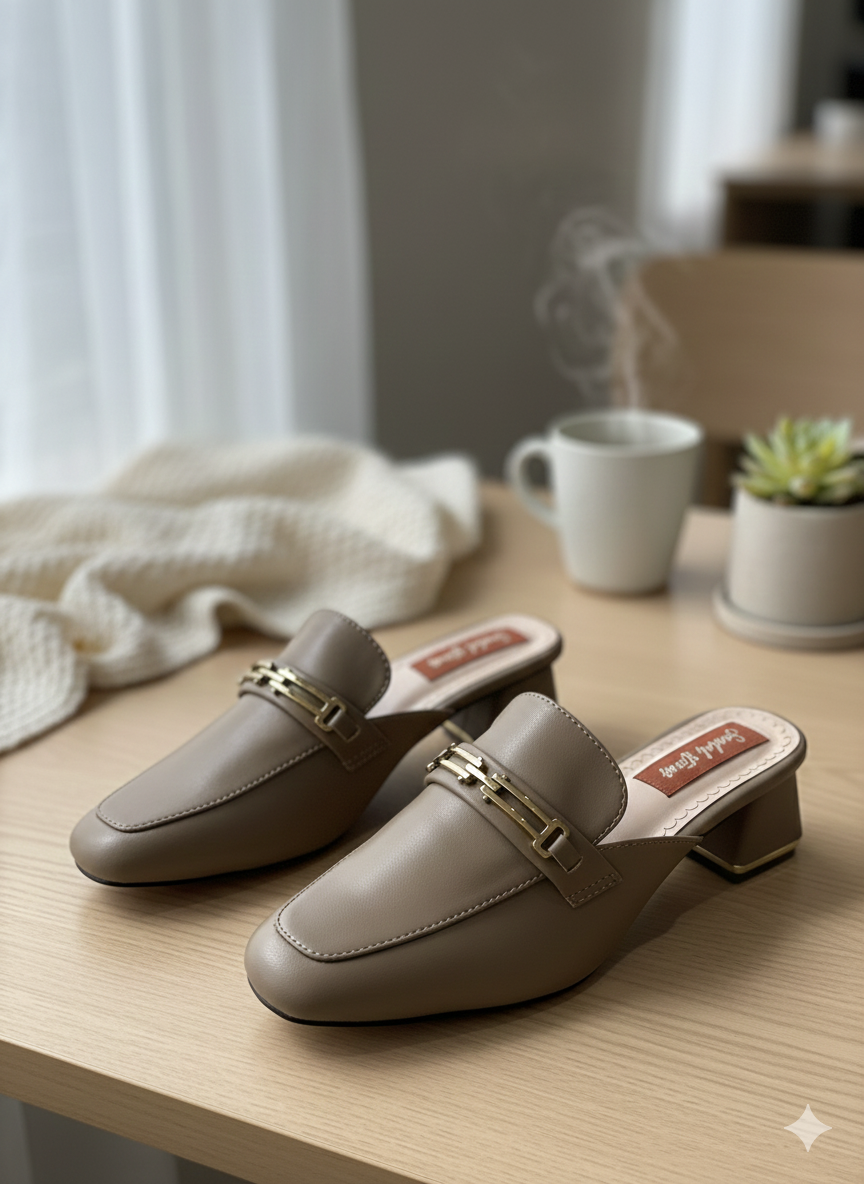 Taupe Gold-Link Mid-Heel Mules