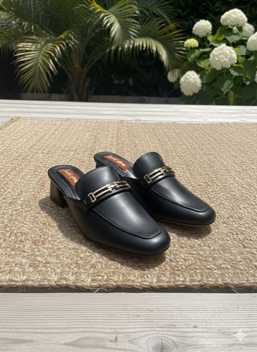 Black Gold-Link Mid-Heel Mules