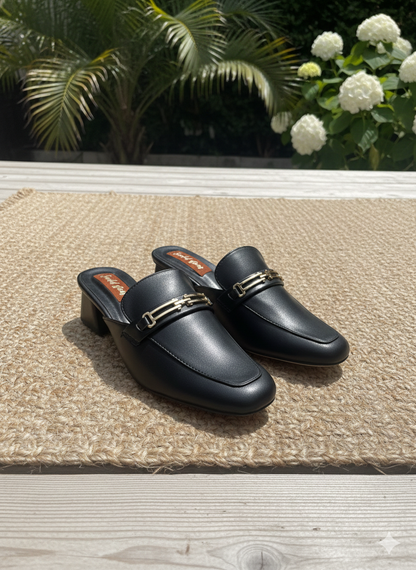 Black Gold-Link Mid-Heel Mules