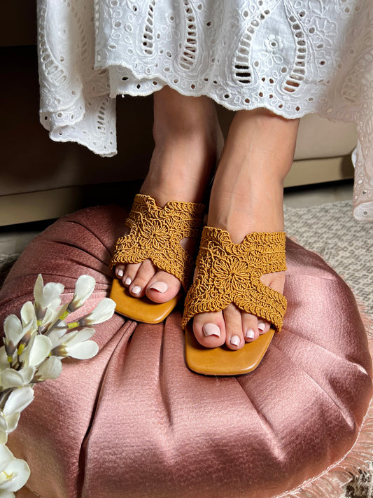 Crochet Mustard Charm Block Heels