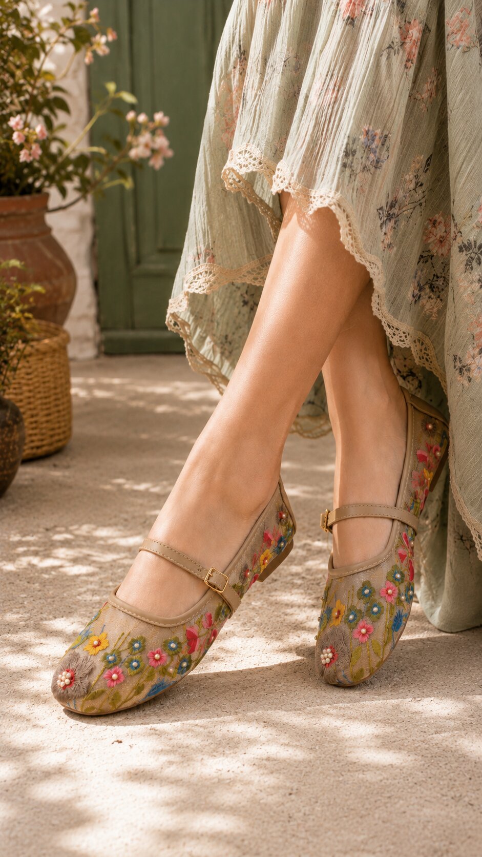 Garden Bloom Embroidered Mary Jane Ballerinas