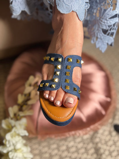 Dark Blue Denim Studded Wedges