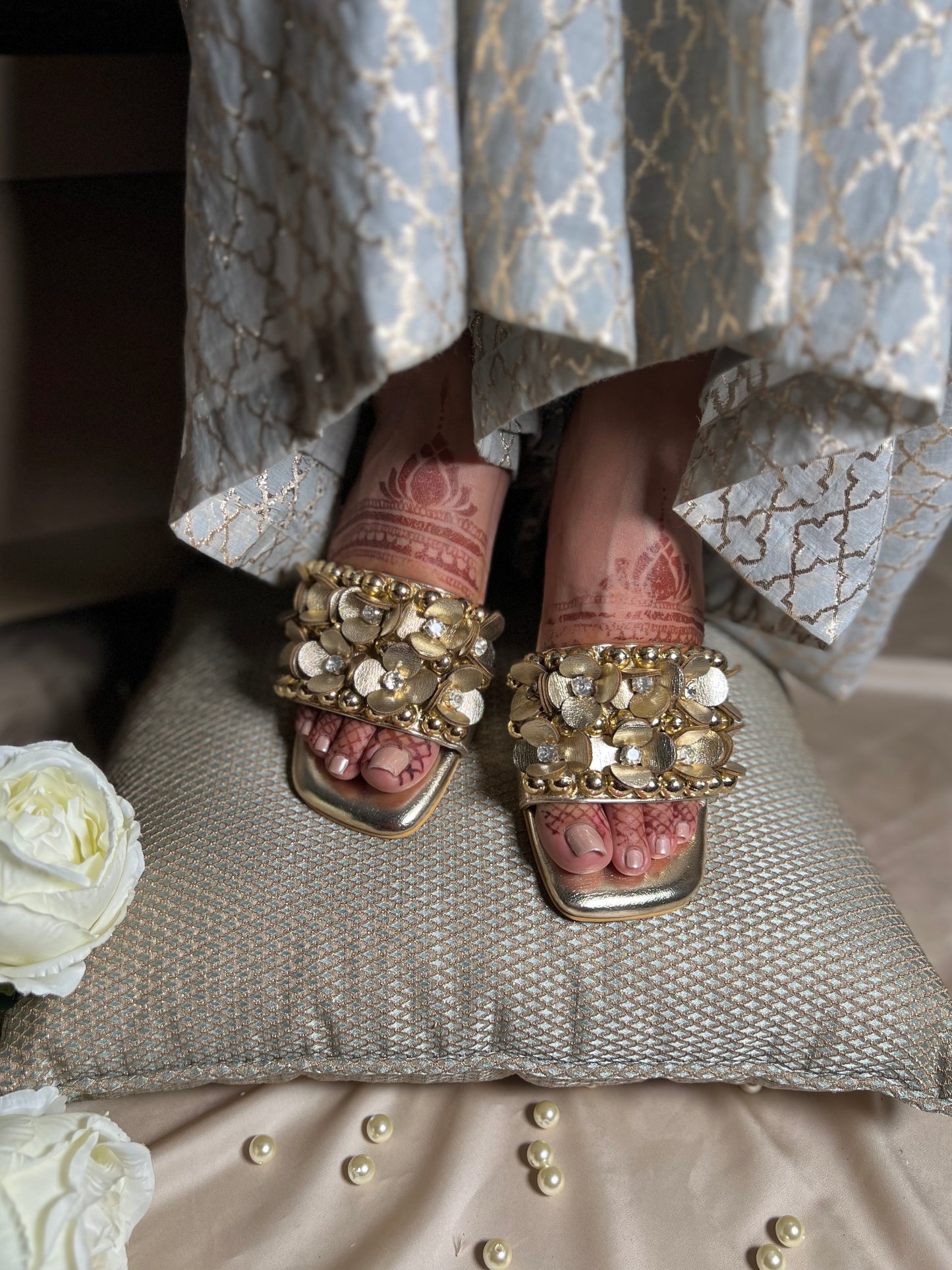 Mettalic Gold Embellished 3D Flower Block Heels