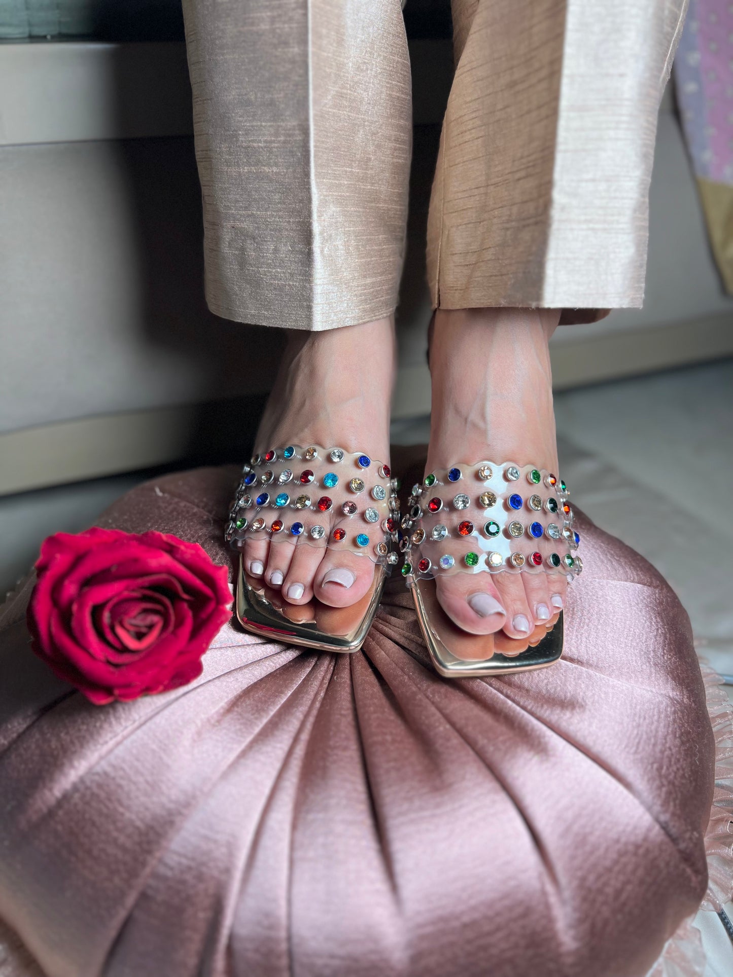 Multicolor Crystal Embellished Transparent Kitten Heel
