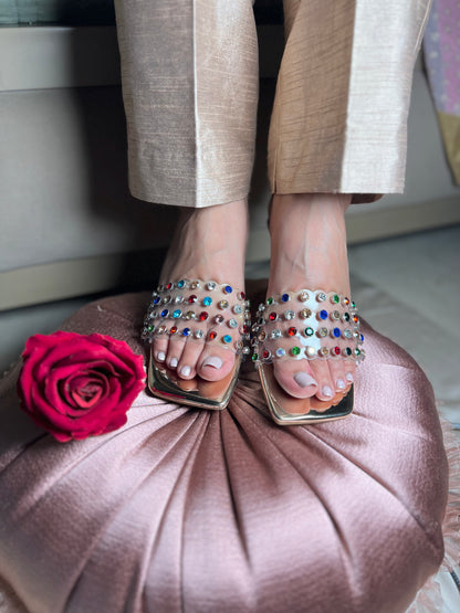 Multicolor Crystal Embellished Transparent Kitten Heel