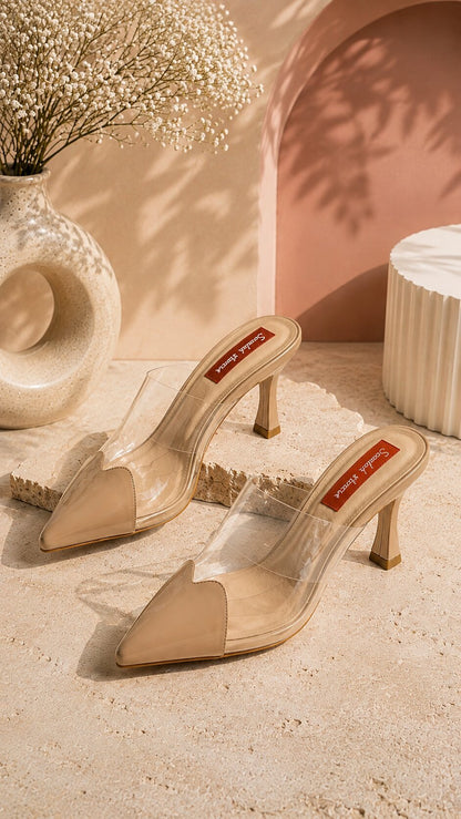 Nude Clear Luxe Pointed Mule Heels | 2 Inch Heel