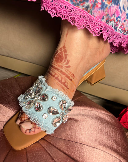 Crystal Luxe Denim Block Heel