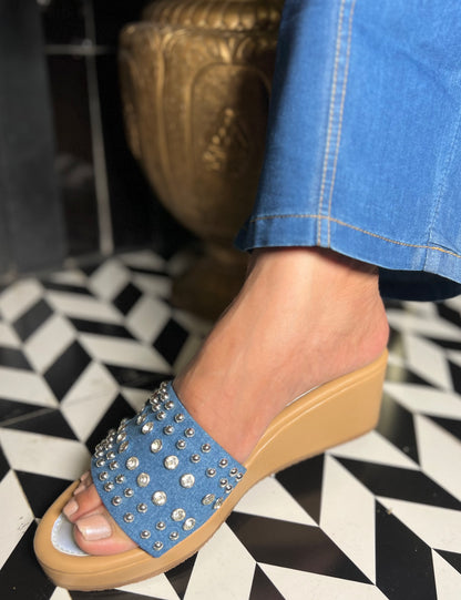 Blue Studded Denim Embellished Wedges