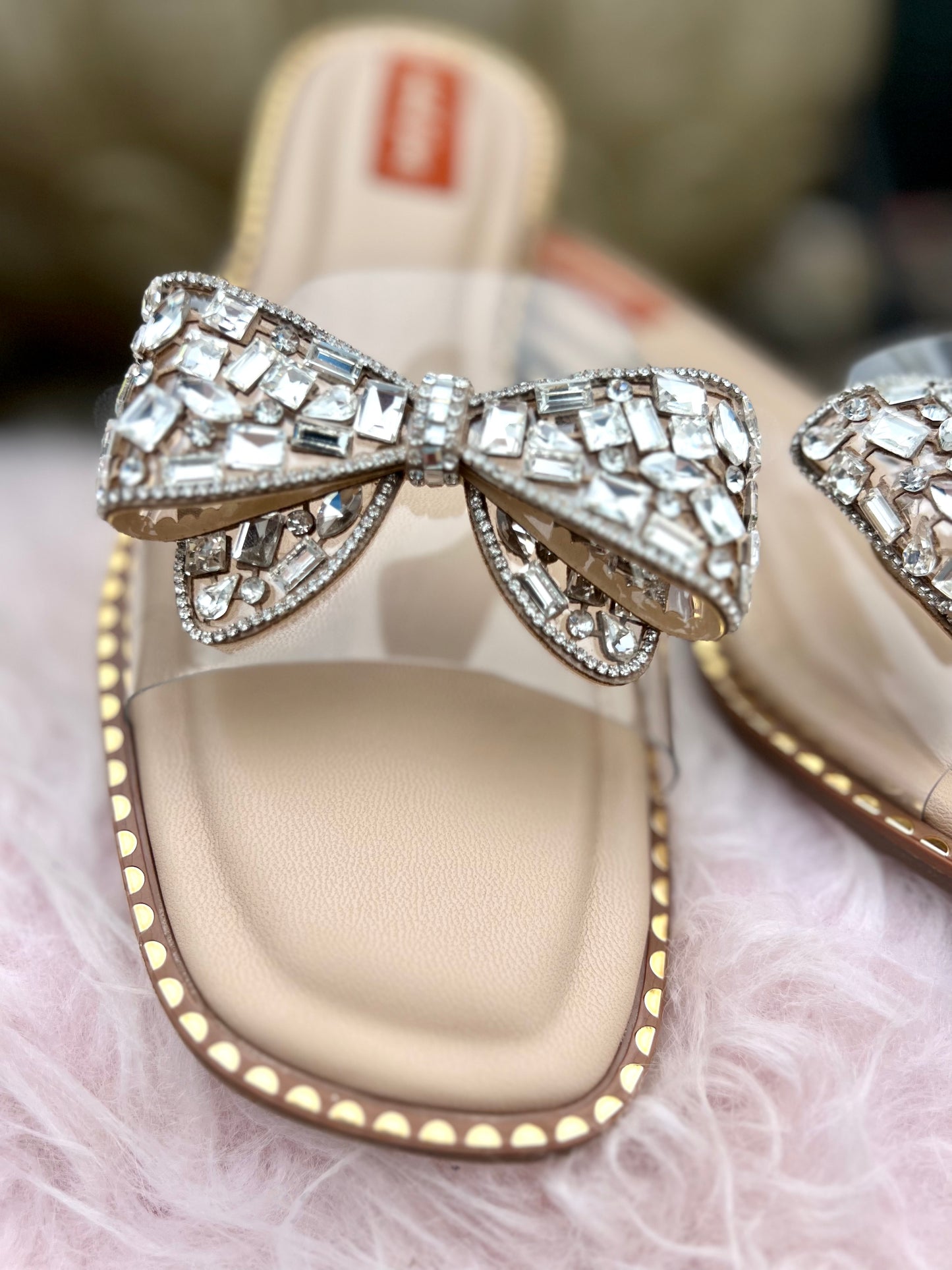 Crystal Bow Embellished Nude Flats