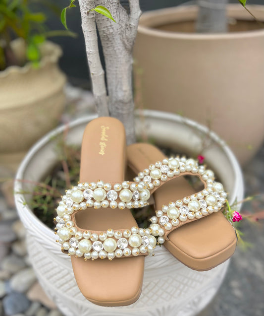 Pearl & Crystal C Shape Nude Wedges Sandal Stories
