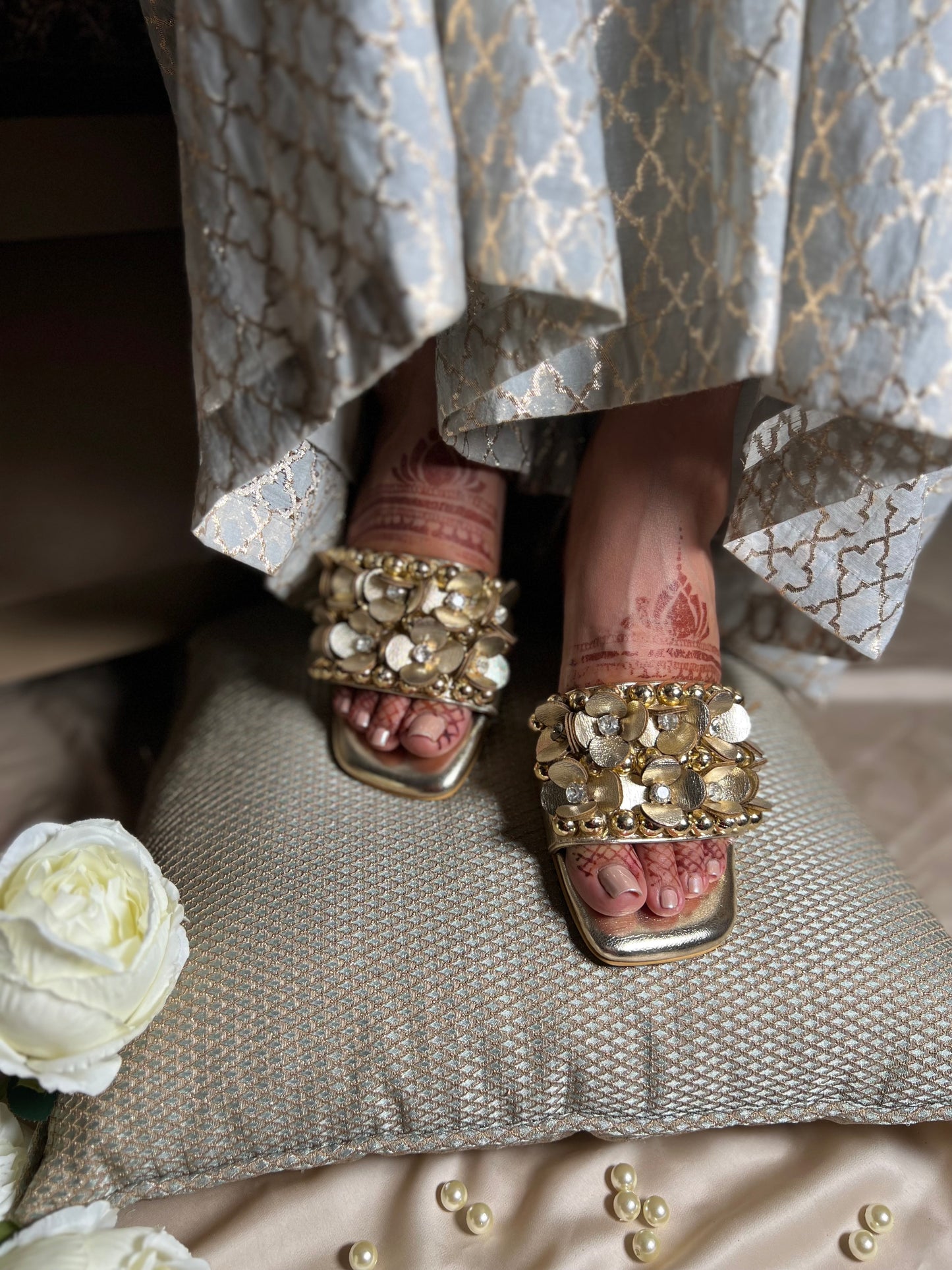 Mettalic Gold Embellished 3D Flower Block Heels