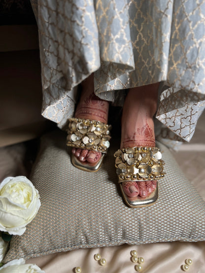 Mettalic Gold Embellished 3D Flower Block Heels