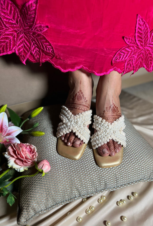 Ivory Pearl Cross Strap Block Heels