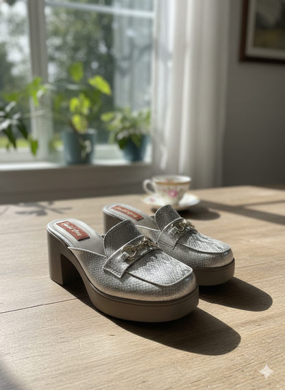 Gold Foil Block Heel Mules