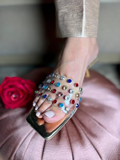 Multicolor Crystal Embellished Transparent Kitten Heel
