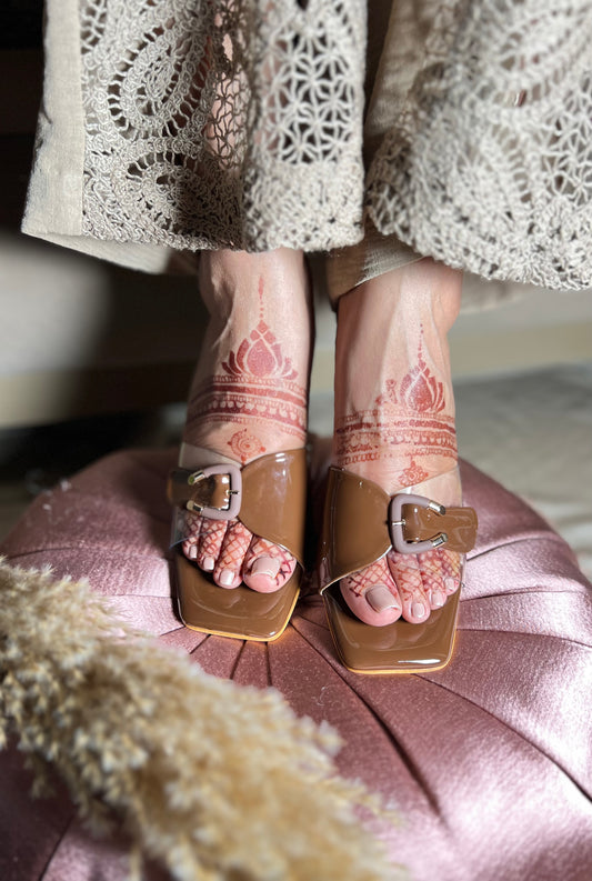 Mocha Glaze Buckle Block Heels