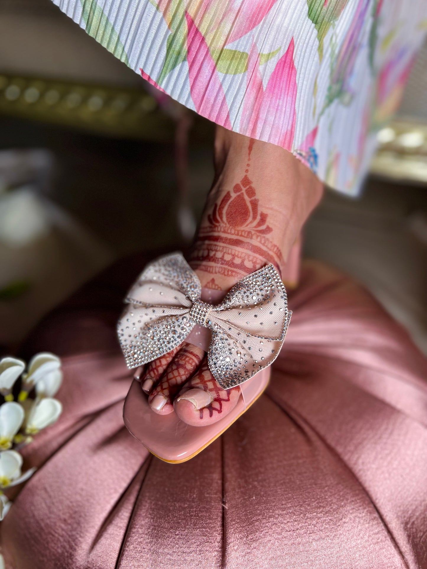 Blush Bow Embellished Block Heels