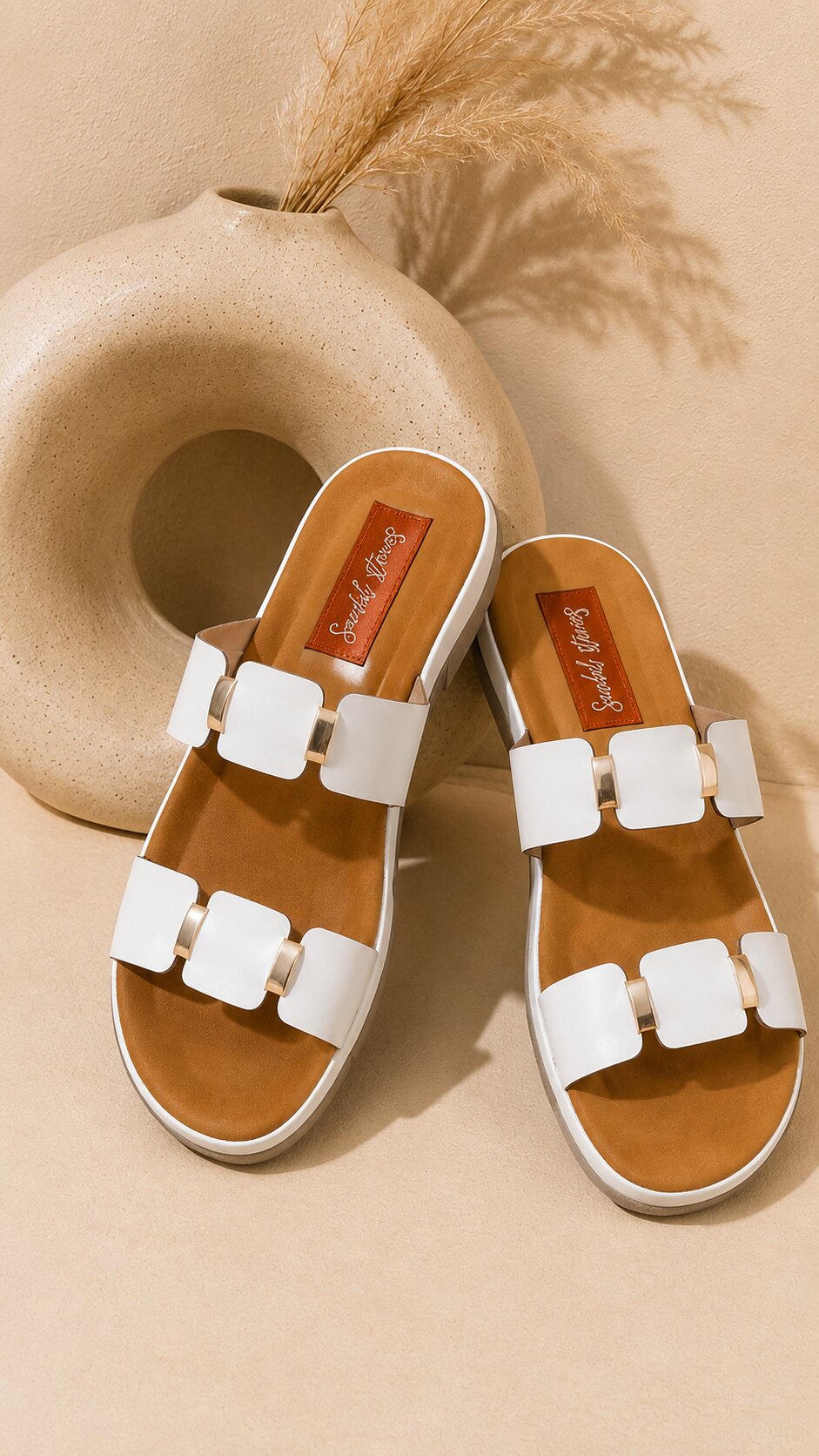 Ivory Gold Buckle Comfort Sliders
