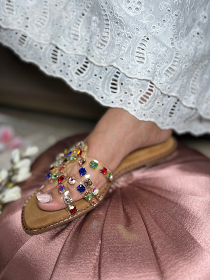 Crystal Chic Strappy Flats - Rainbow