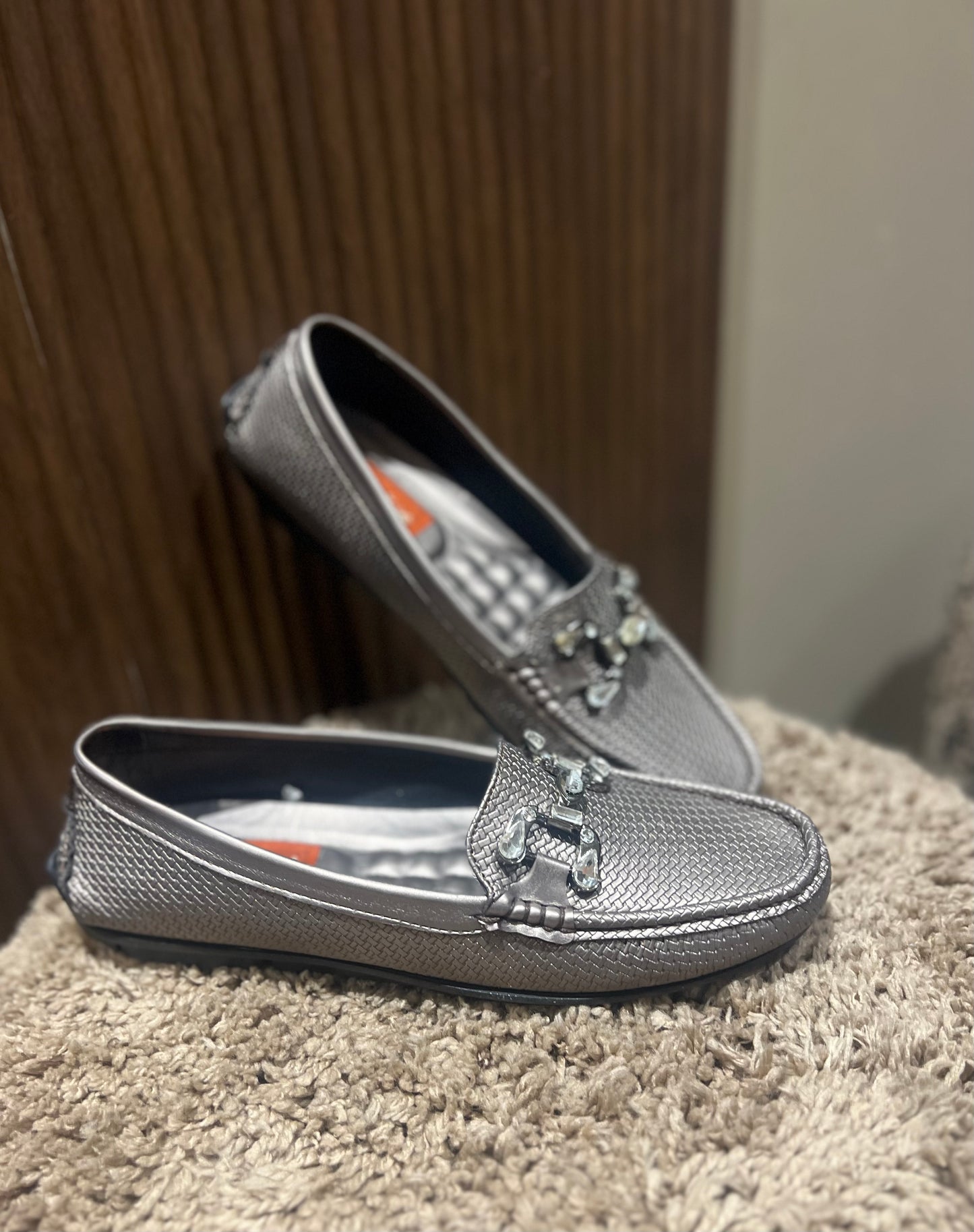 Metallic Grey Crystal-Weave Loafers