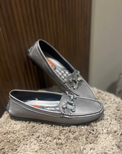 Metallic Grey Crystal-Weave Loafers