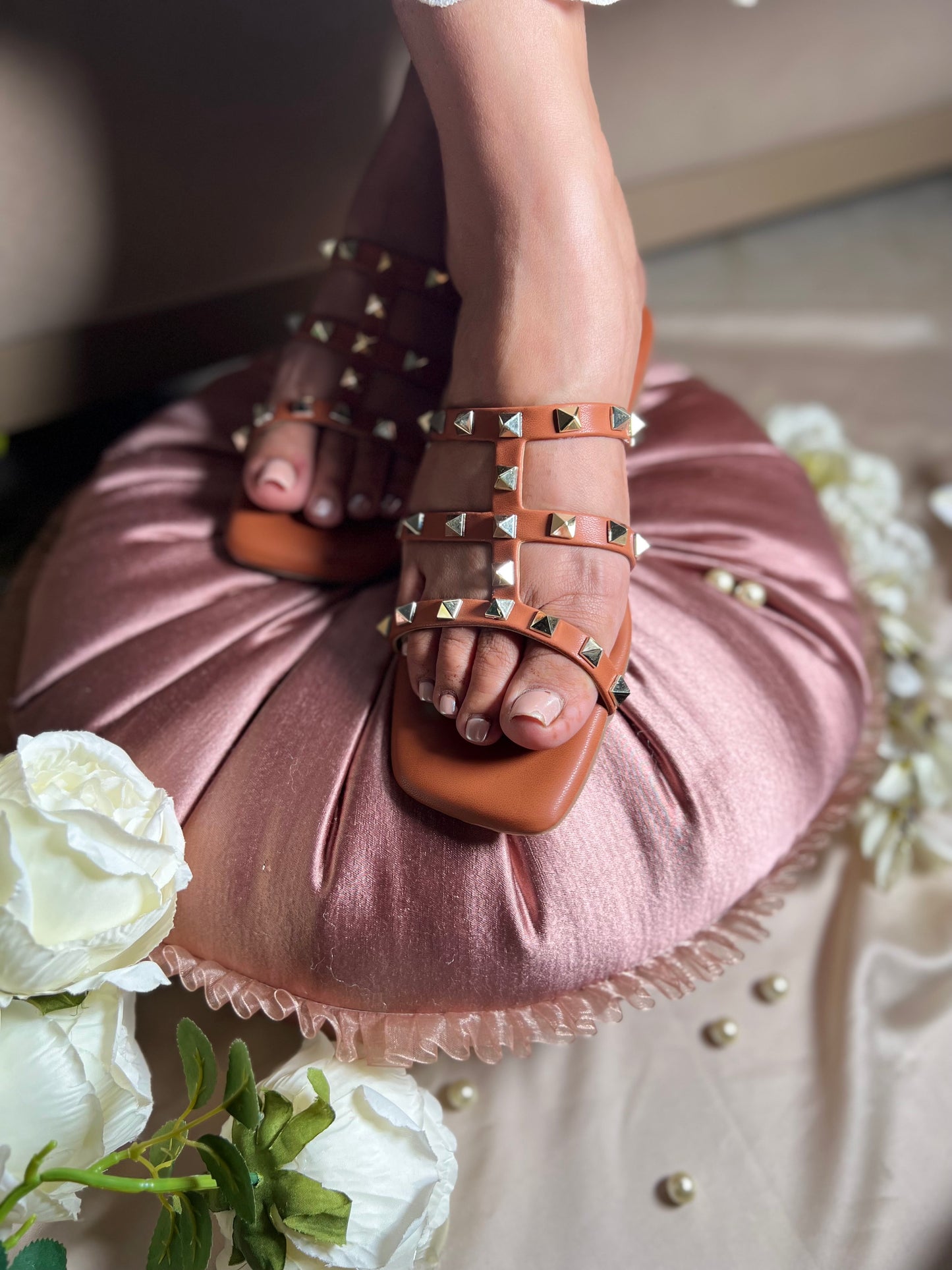 Studded Grace Flats - Tan Color