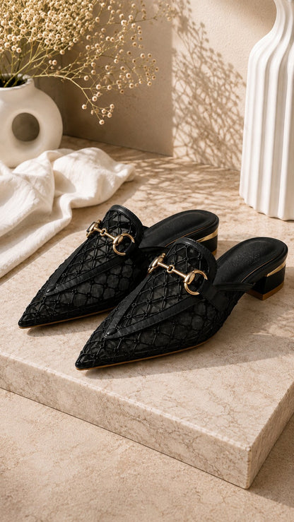 Midnight Mesh Luxe Pointed Mules | 1 Inch Heel