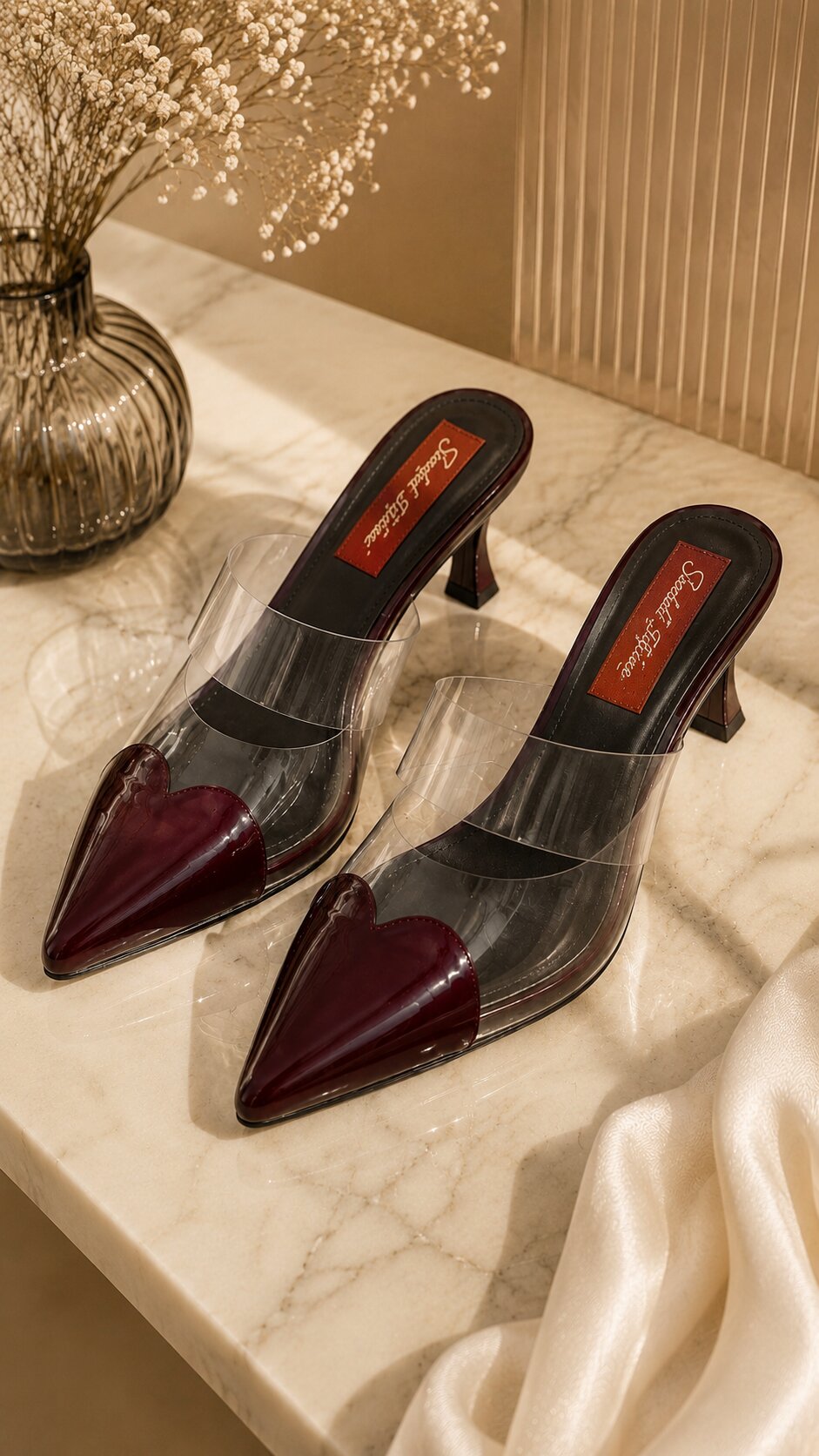 Cherry Red Clear Luxe Pointed Mule Heels | 2 Inch Heel