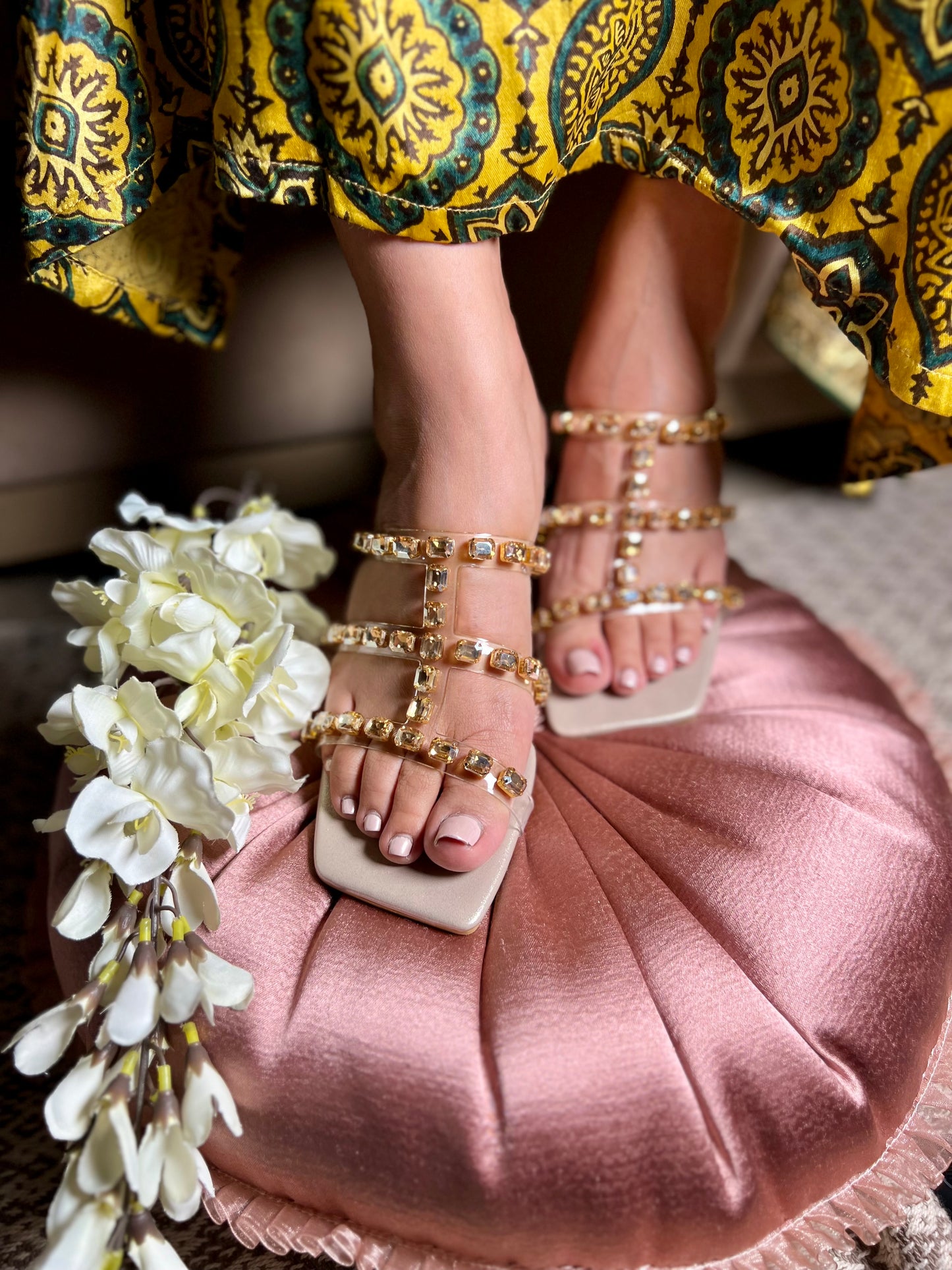Crystal Glow Heels - Gold Studs