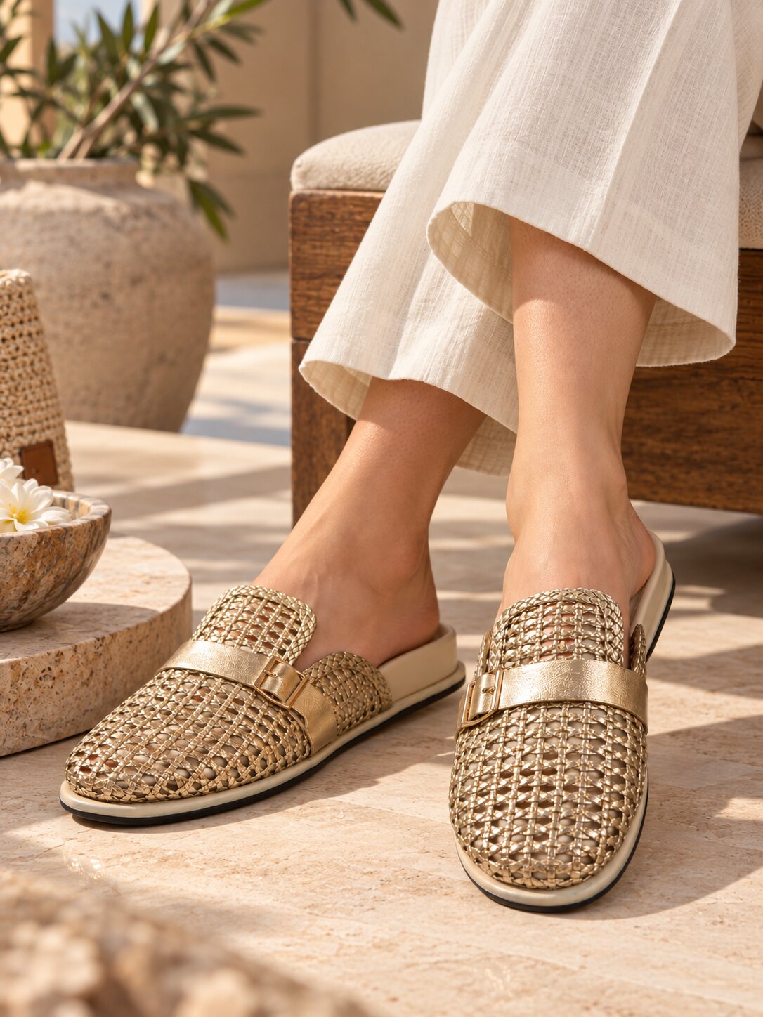 Luxe Woven Buckle Comfort Slider - Antique Gold