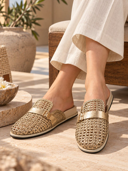 Luxe Woven Buckle Comfort Slider - Antique Gold