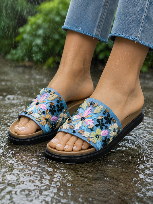 Monsoon Denim Embroidered Sliders | Monsoon Friendly