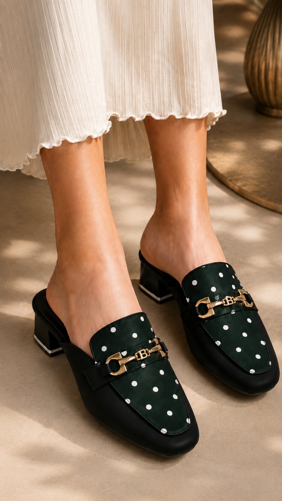 Midnight Polka Dot Buckle Block Heel Mules