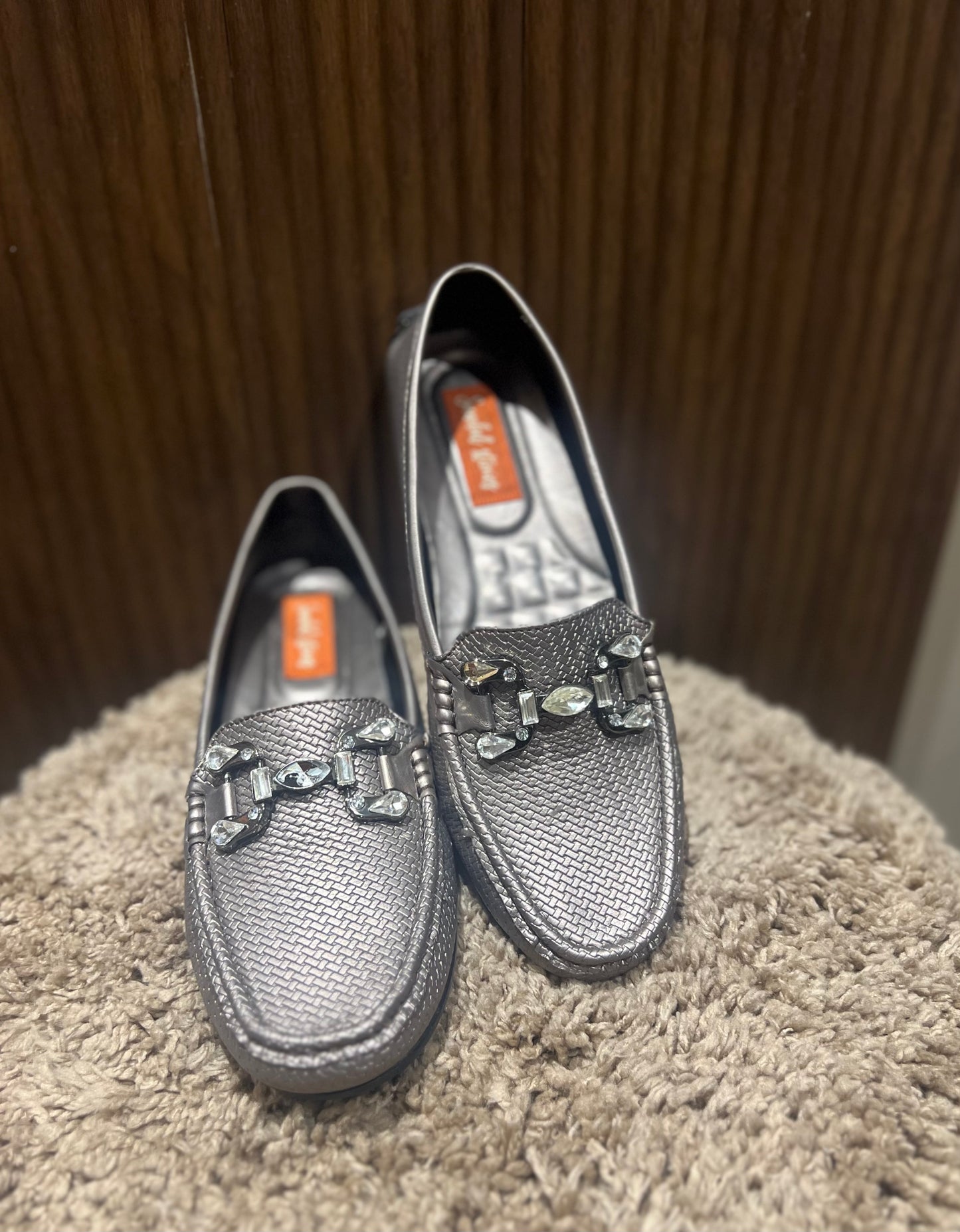 Metallic Grey Crystal-Weave Loafers