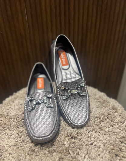 Metallic Grey Crystal-Weave Loafers