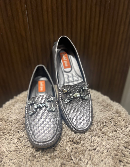 Metallic Grey Crystal-Weave Loafers
