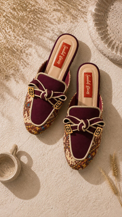 Maroon Patterned Weave Mules
