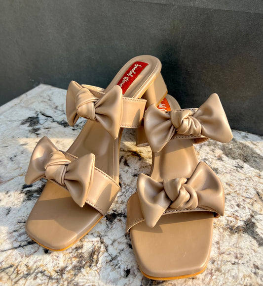 Beige Double Bow Block Heels