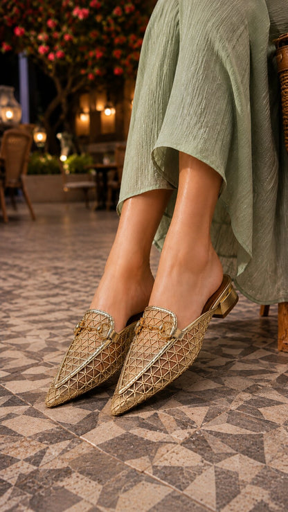 Golden Mesh Luxe Pointed Mules | 1 Inch Heel