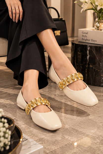 Mary Jane Statement Buckle Ballerinas - Ivory Cream