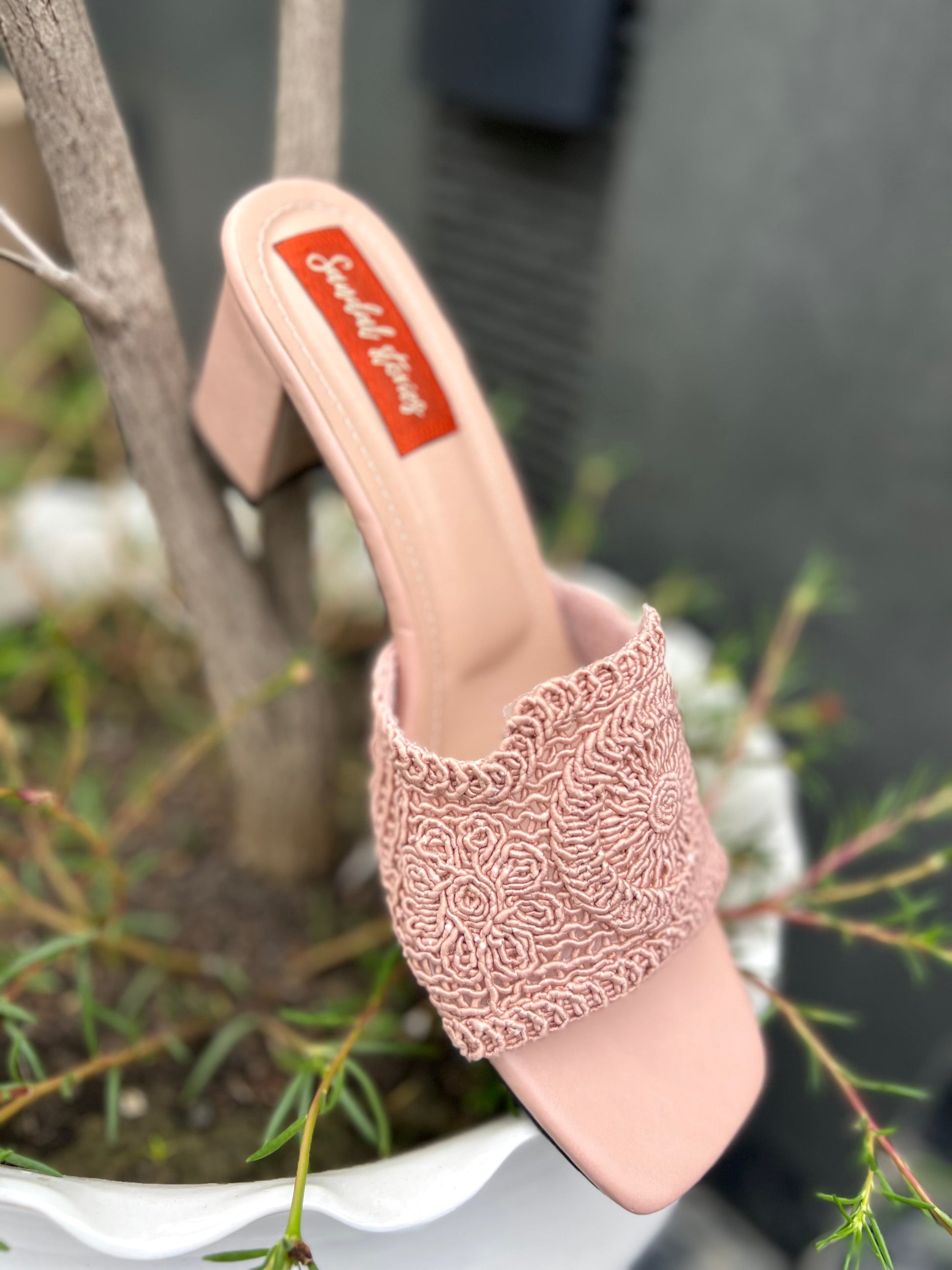 Blush Pink Crochet Block Heels Sandal Stories