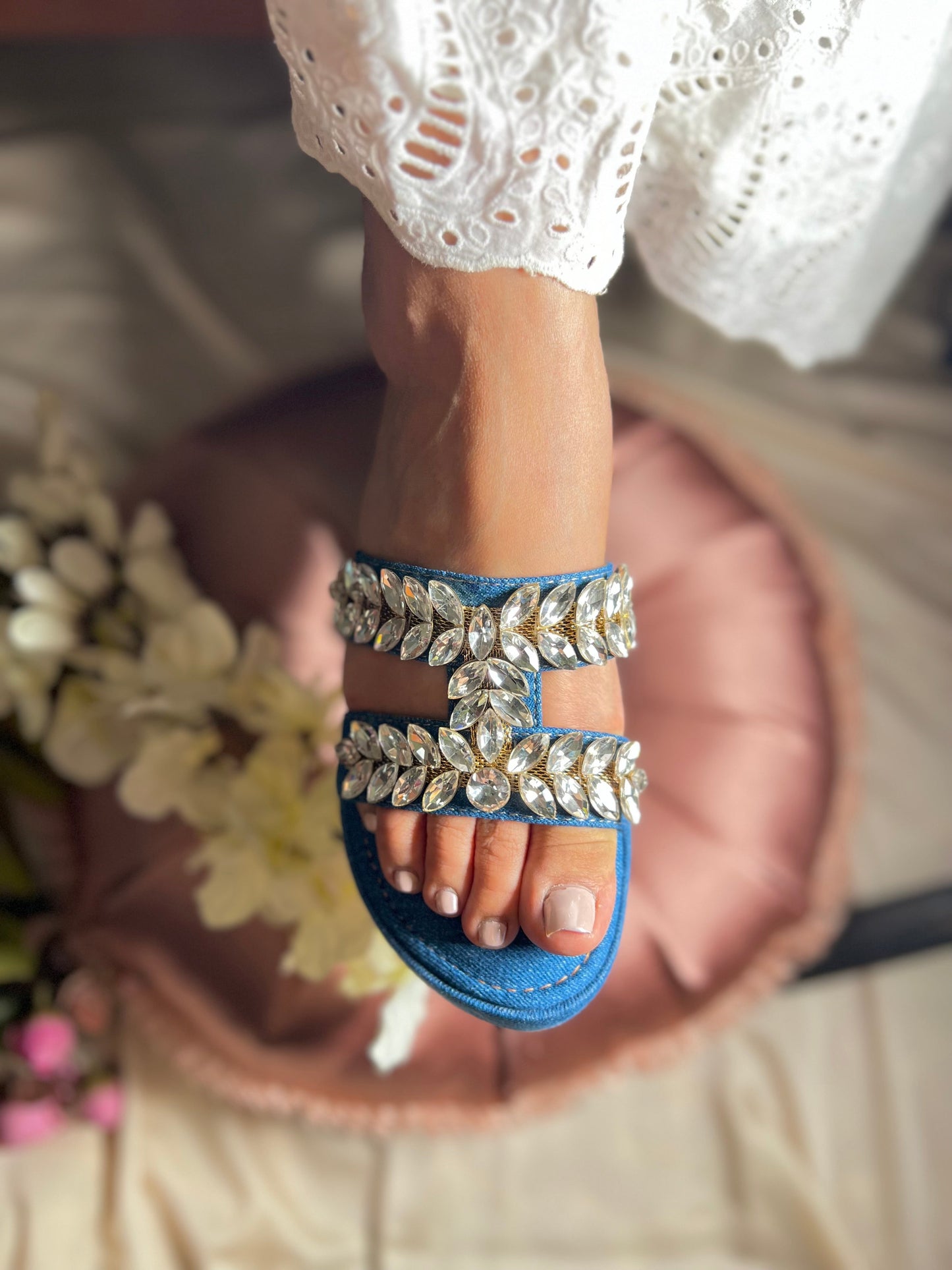 Denim Embellished Comfort Wedges Sandal Stories