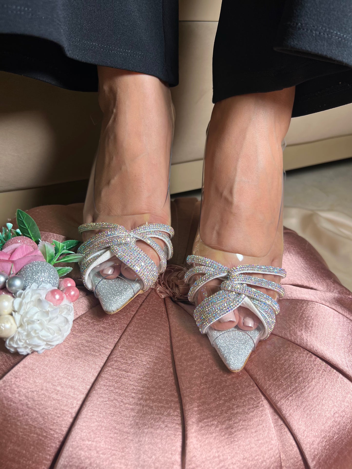 Crystal Knot Transparent Heels – Silver