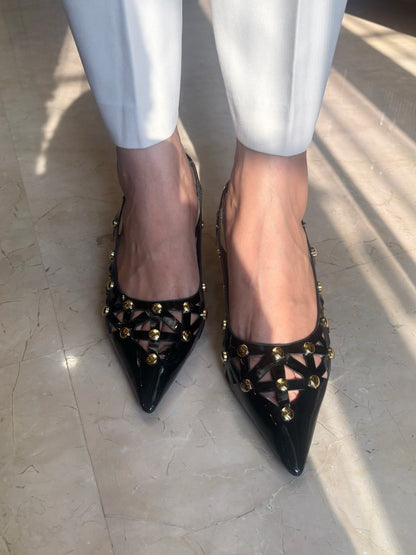 Black Patent Studded Cutwork Flats