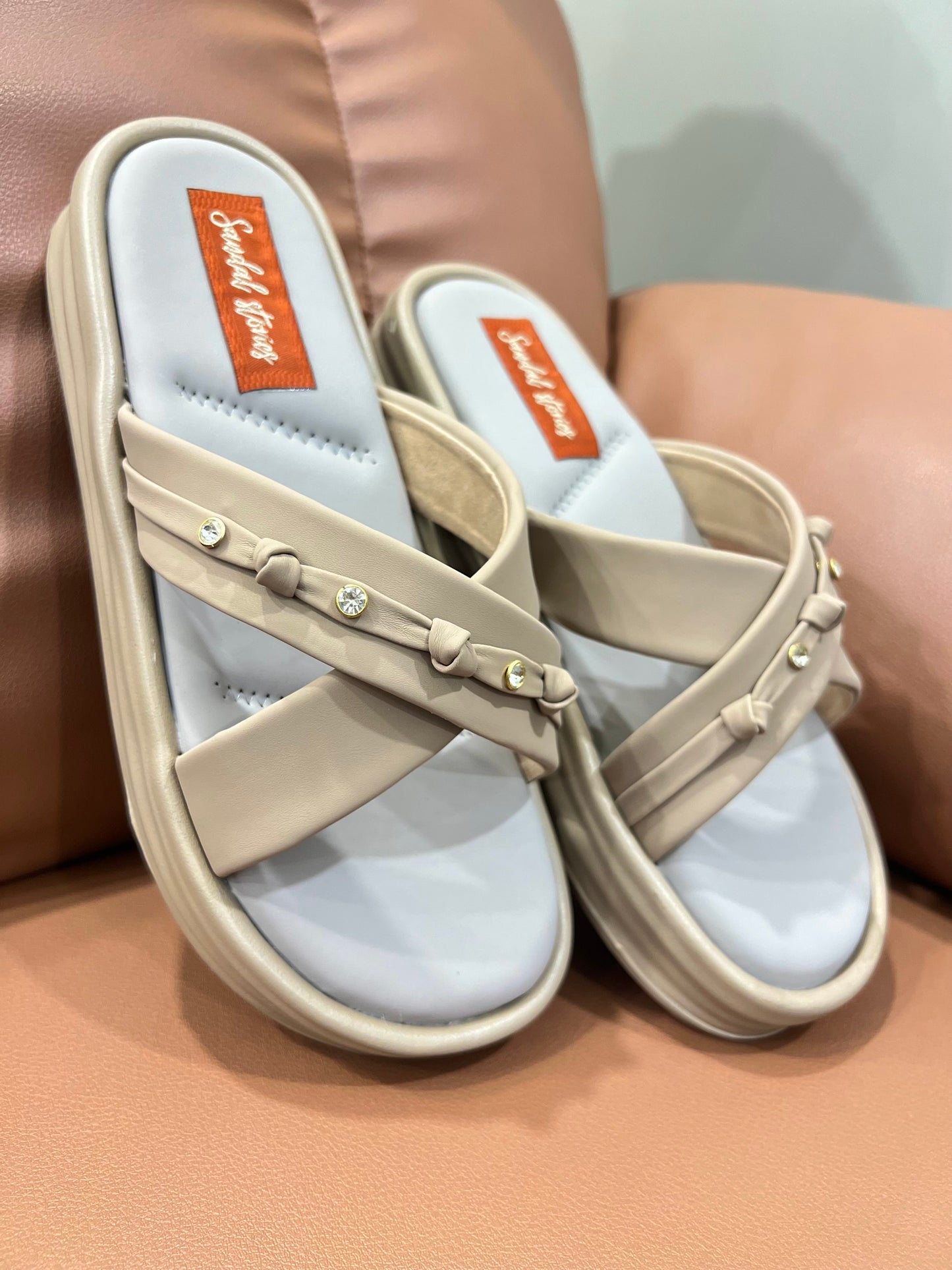 Soft Beige Crystal Cross Wedges Sandal Stories
