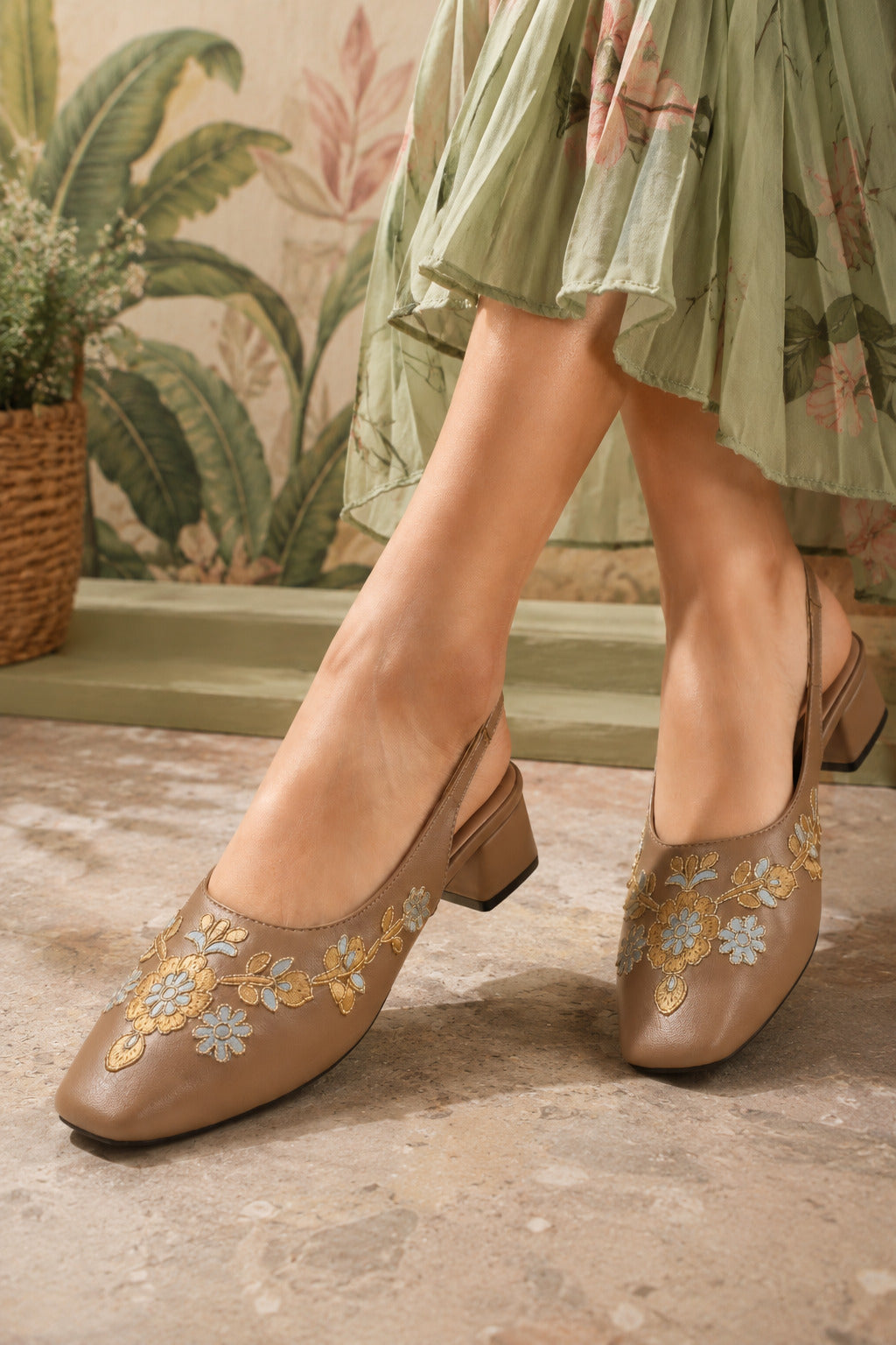 Mocha Meadow Floral Embroidered Slingback Heels