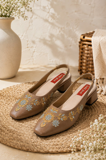 Mocha Meadow Floral Embroidered Slingback Heels