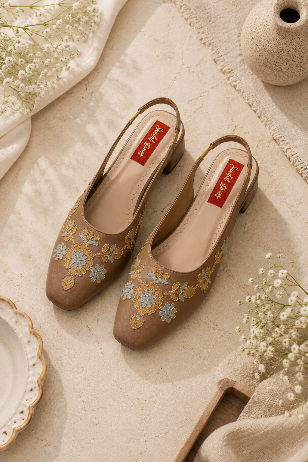 Mocha Meadow Floral Embroidered Slingback Heels