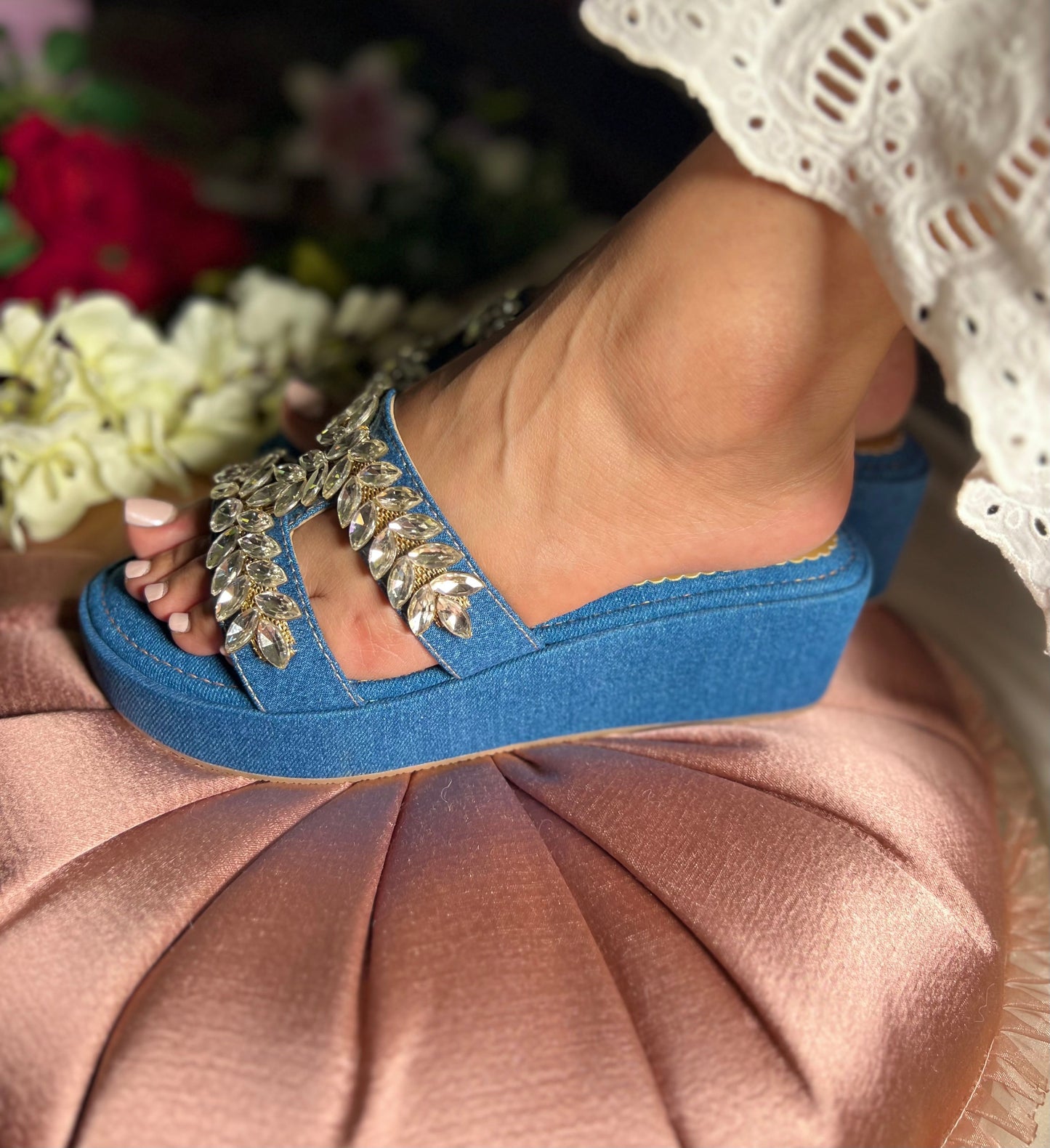 Denim Embellished Comfort Wedges Sandal Stories